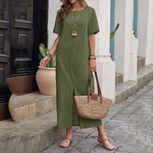 Women's cotton and linen solid color loose round neck short sleeve dress